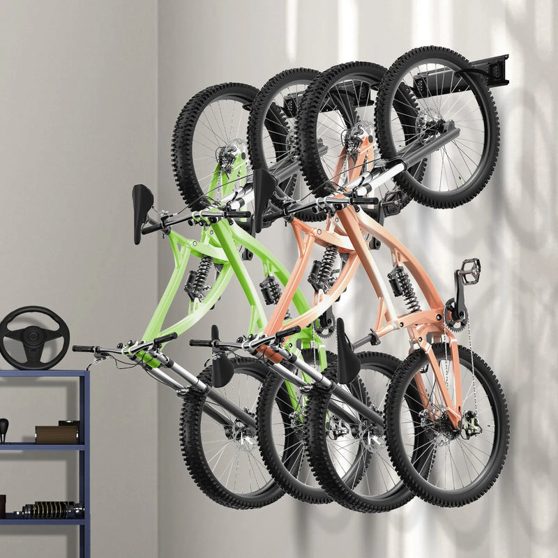 Pie sienas stiprināms veloturētājs 4 velosipēdiem + 2 ķiverēm