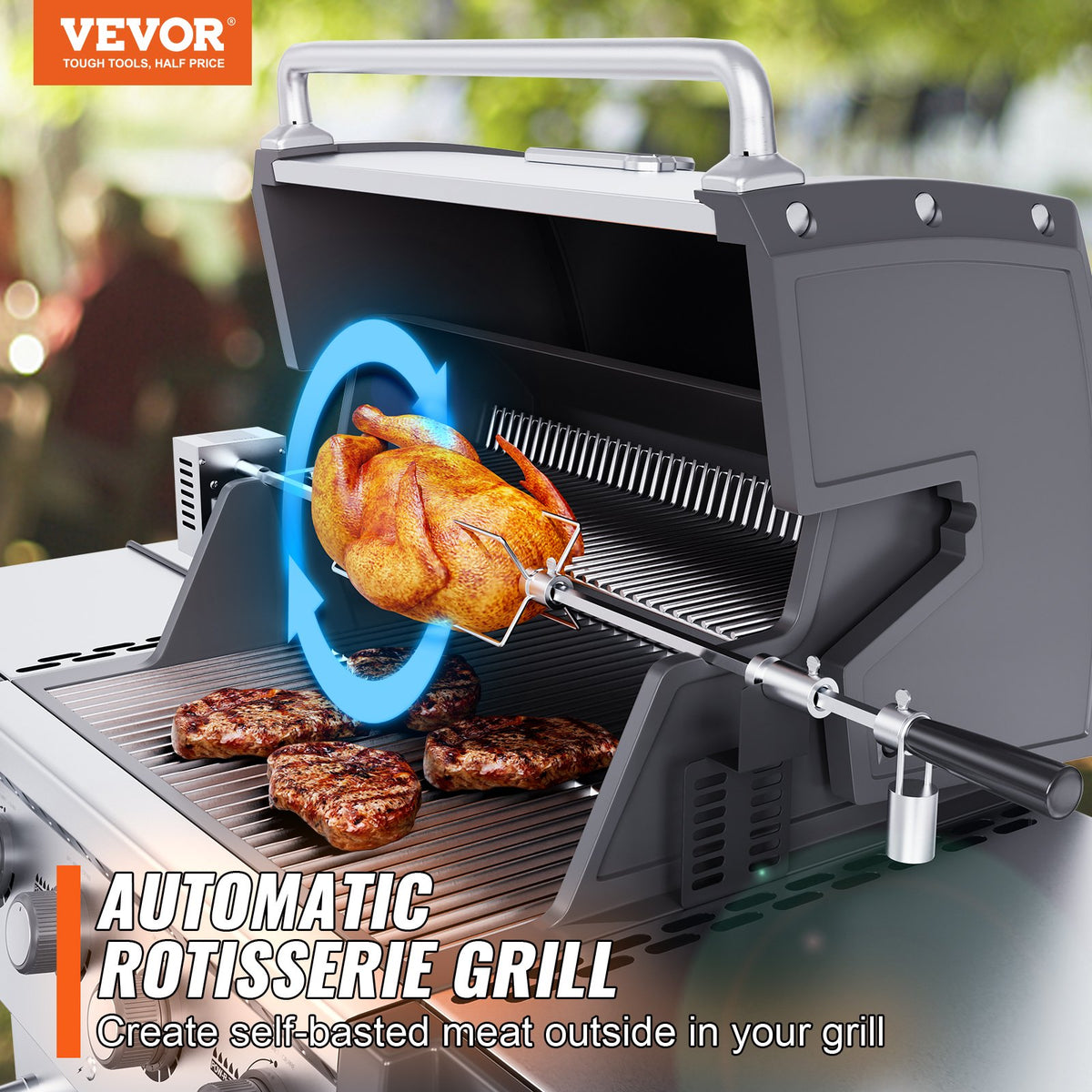 VEVOR universāla elektriskā rotējošā cepšanas ierīce grilam - BBQ cepšanas ierīce ar 81/99 cm rotējošo stieni un elektrisko motoru