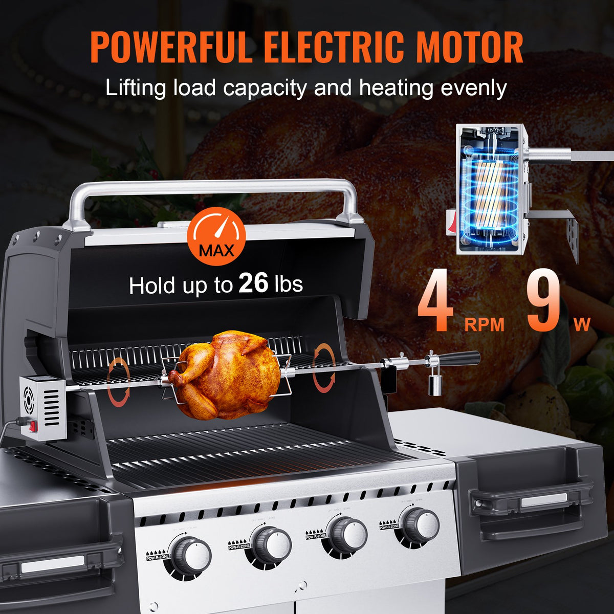 VEVOR universāla elektriskā rotējošā cepšanas ierīce grilam - BBQ cepšanas ierīce ar 81/99 cm rotējošo stieni un elektrisko motoru
