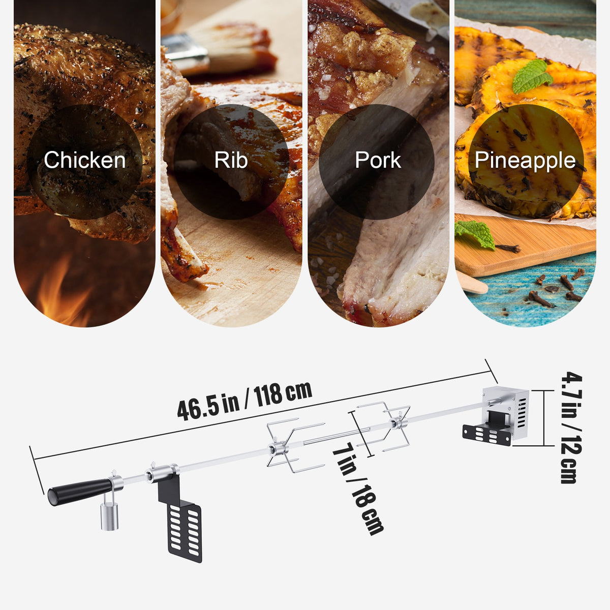 VEVOR universāla elektriskā rotējošā cepšanas ierīce grilam - BBQ cepšanas ierīce ar 81/99 cm rotējošo stieni un elektrisko motoru