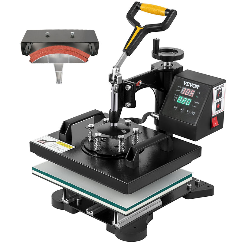 VEVOR 650W 220V siltumspiedes sašīna, kas aprīkota ar teflona pārklājumu, 25x30 cm, 2-in-1 sublimācijas preses iekārta, ar iebūvētu digitālo displeju, ksa ļauj precīzi regulēt temperatūru un laiku, nodrošinot kvalitatīvu apdruku bez kļūdām.