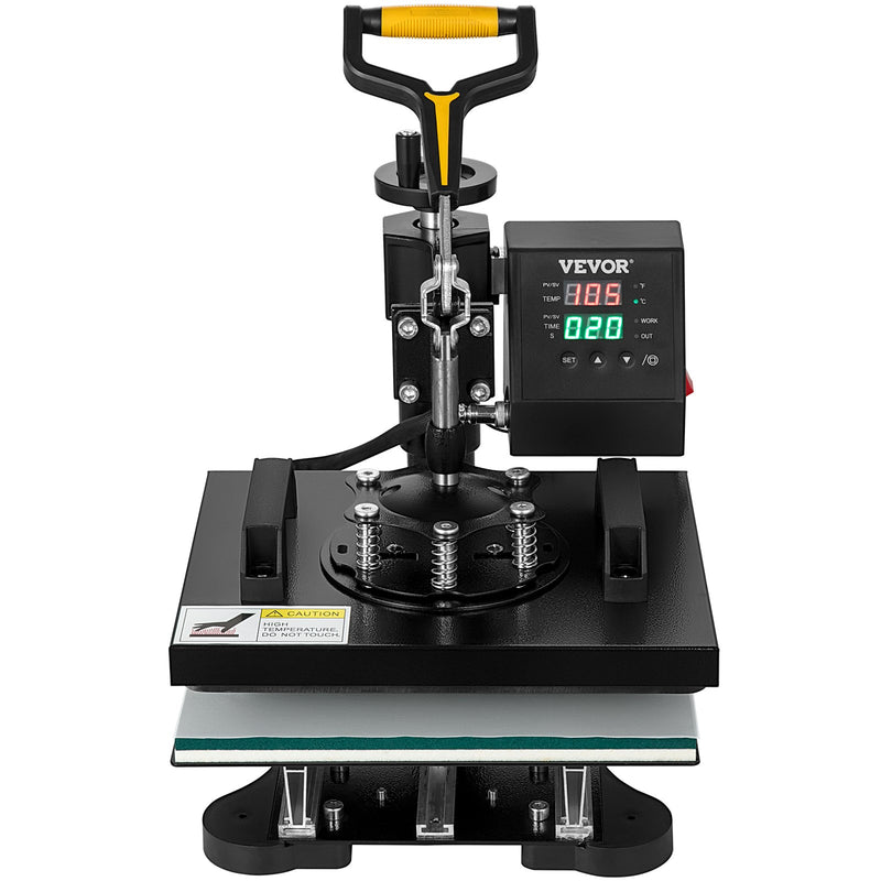 VEVOR 650W 220V siltumspiedes sašīna, kas aprīkota ar teflona pārklājumu, 25x30 cm, 2-in-1 sublimācijas preses iekārta, ar iebūvētu digitālo displeju, ksa ļauj precīzi regulēt temperatūru un laiku, nodrošinot kvalitatīvu apdruku bez kļūdām.