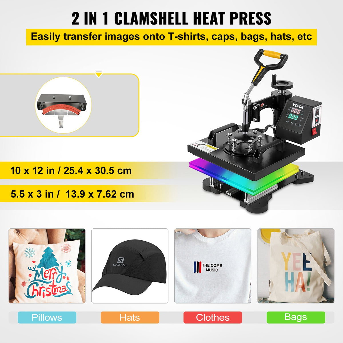 VEVOR termoprese 25 × 30 cm 2-in-1, 650 W, ar teflona pārklājumu un digitālo displeju