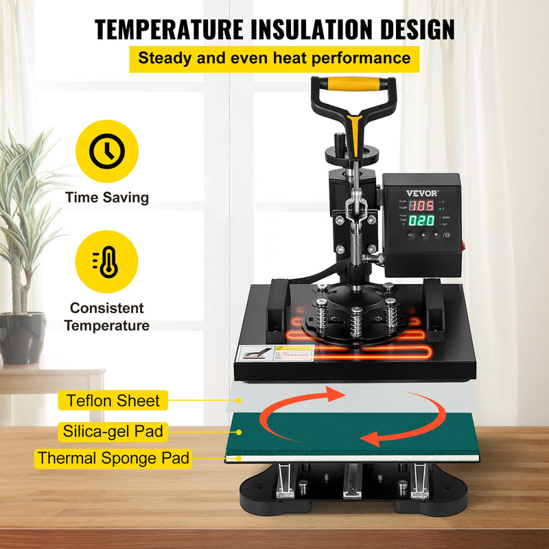 VEVOR 650W 220V siltumspiedes sašīna, kas aprīkota ar teflona pārklājumu, 25x30 cm, 2-in-1 sublimācijas preses iekārta, ar iebūvētu digitālo displeju, ksa ļauj precīzi regulēt temperatūru un laiku, nodrošinot kvalitatīvu apdruku bez kļūdām.