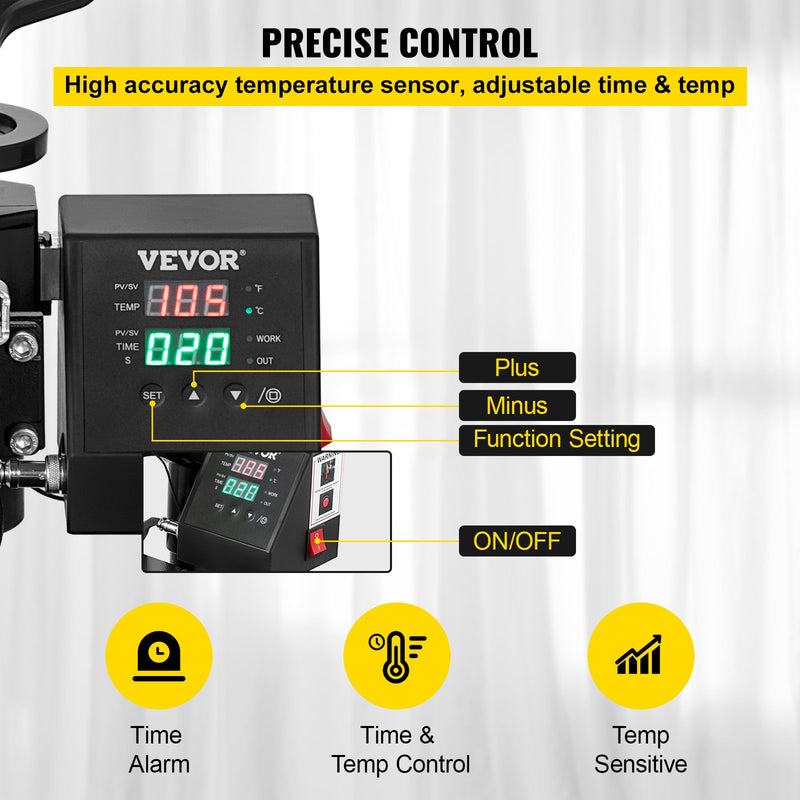 VEVOR 650W 220V siltumspiedes sašīna, kas aprīkota ar teflona pārklājumu, 25x30 cm, 2-in-1 sublimācijas preses iekārta, ar iebūvētu digitālo displeju, ksa ļauj precīzi regulēt temperatūru un laiku, nodrošinot kvalitatīvu apdruku bez kļūdām.