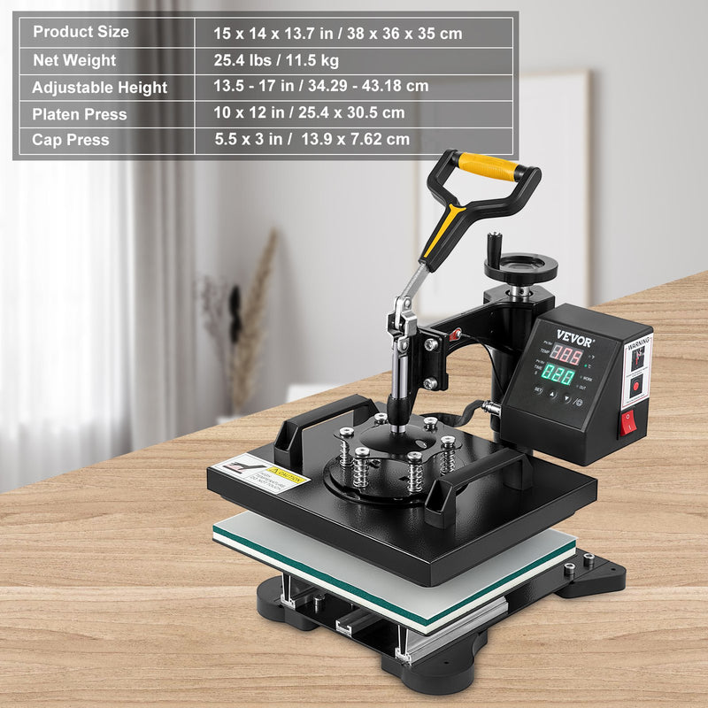 VEVOR 650W 220V siltumspiedes sašīna, kas aprīkota ar teflona pārklājumu, 25x30 cm, 2-in-1 sublimācijas preses iekārta, ar iebūvētu digitālo displeju, ksa ļauj precīzi regulēt temperatūru un laiku, nodrošinot kvalitatīvu apdruku bez kļūdām.