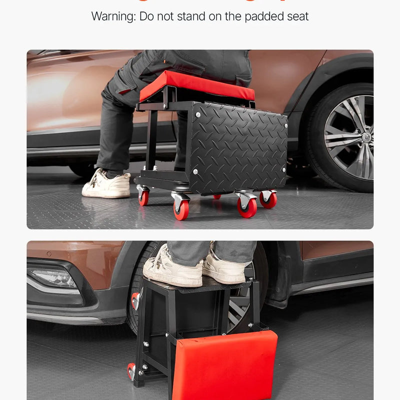 VEVOR mehāniķa rullkrēsls, 136 kg celtspēja, grozāms 360° darbnīcas sēdeklis ar riteņiem un instrumentu paliktni, piemērots garāžām, darbnīcām un auto remontam, melns