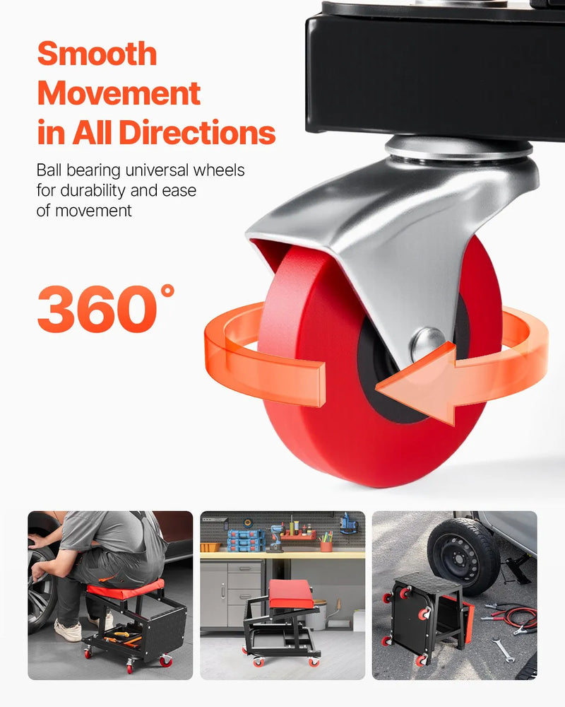 VEVOR mehāniķa rullkrēsls, 136 kg celtspēja, grozāms 360° darbnīcas sēdeklis ar riteņiem un instrumentu paliktni, piemērots garāžām, darbnīcām un auto remontam, melns