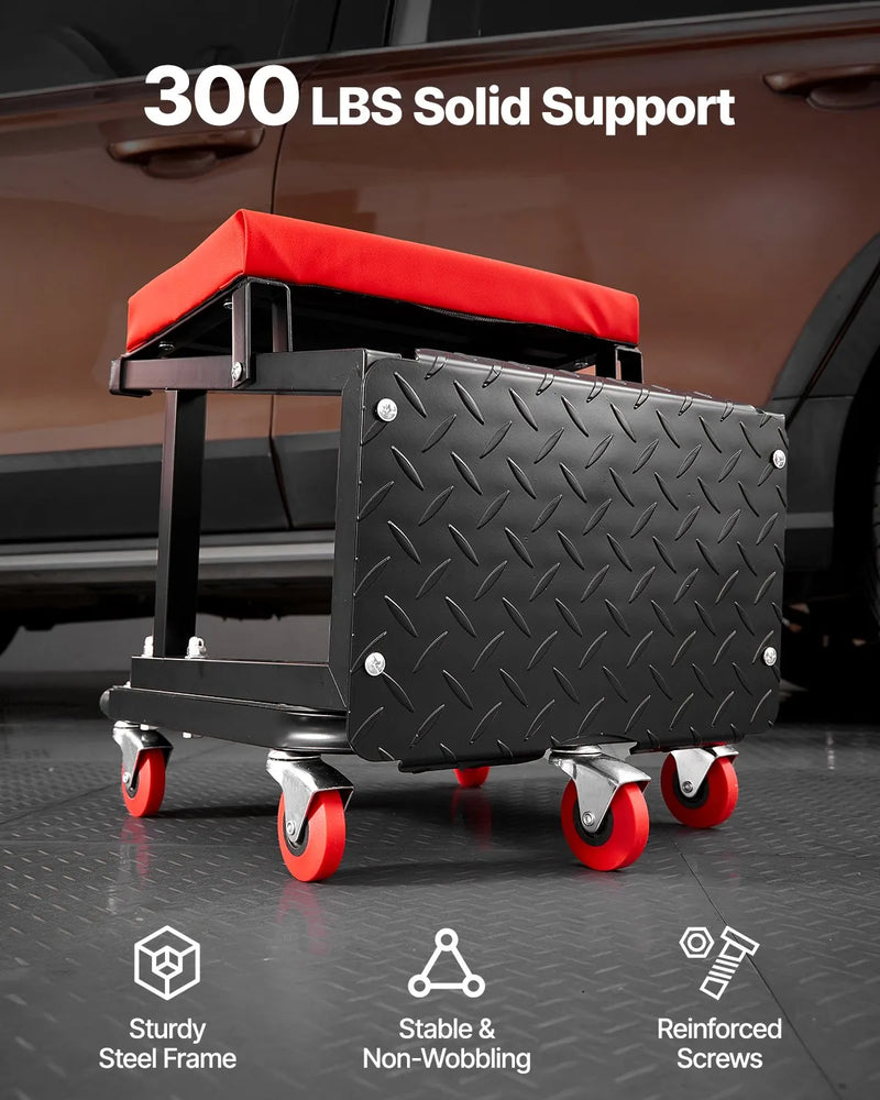 VEVOR mehāniķa rullkrēsls, 136 kg celtspēja, grozāms 360° darbnīcas sēdeklis ar riteņiem un instrumentu paliktni, piemērots garāžām, darbnīcām un auto remontam, melns