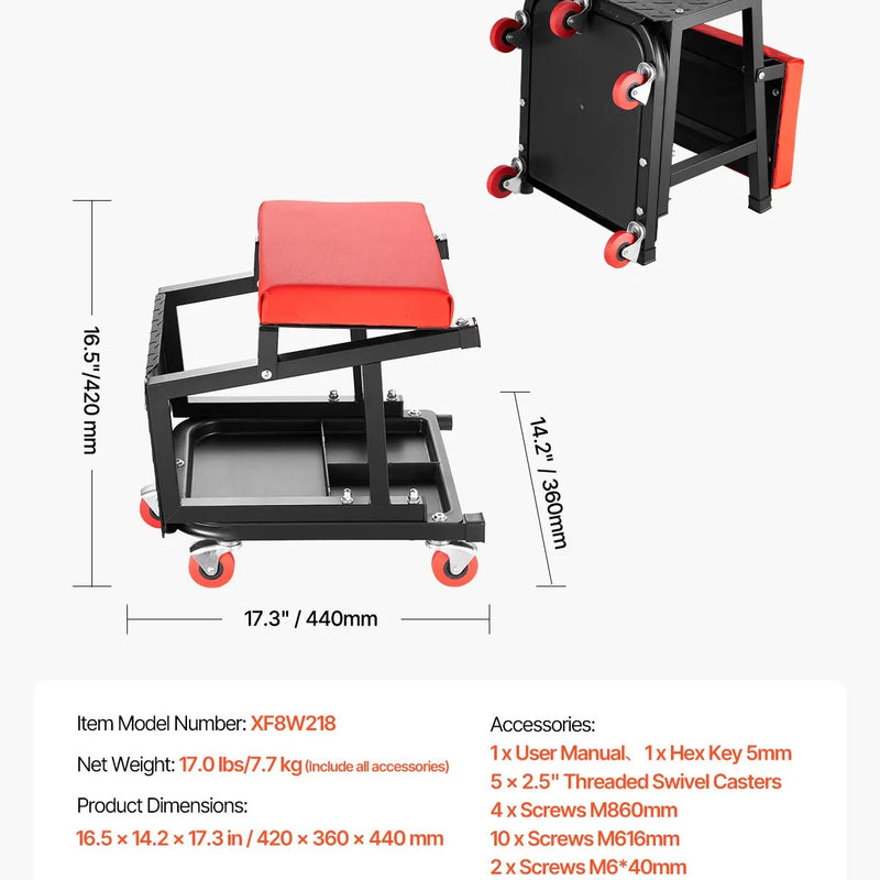 VEVOR mehāniķa rullkrēsls, 136 kg celtspēja, grozāms 360° darbnīcas sēdeklis ar riteņiem un instrumentu paliktni, piemērots garāžām, darbnīcām un auto remontam, melns