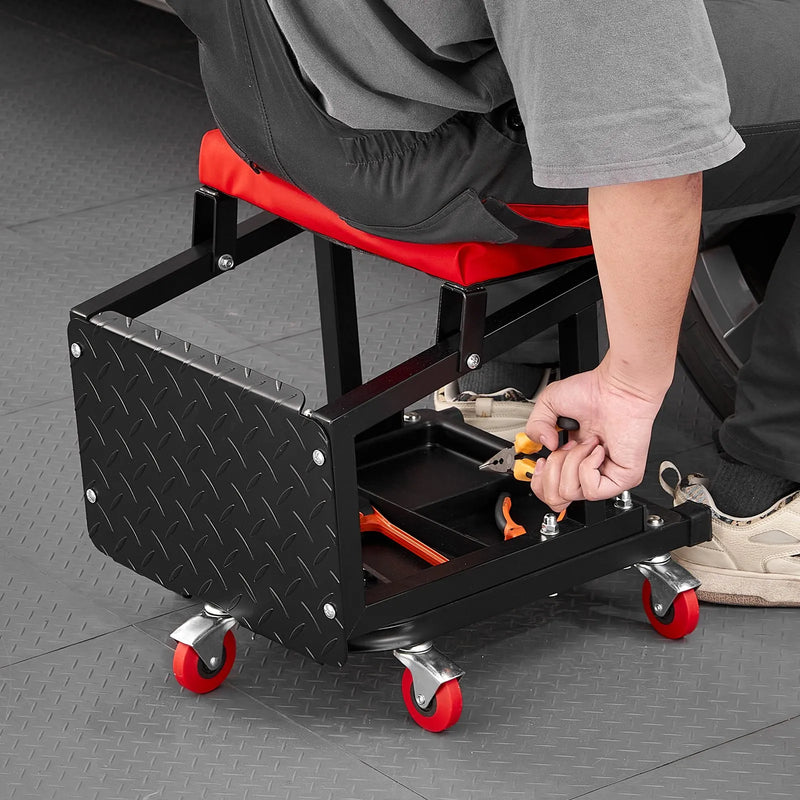 VEVOR mehāniķa rullkrēsls, 136 kg celtspēja, grozāms 360° darbnīcas sēdeklis ar riteņiem un instrumentu paliktni, piemērots garāžām, darbnīcām un auto remontam, melns