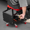 VEVOR mehāniķa rullkrēsls, 136 kg celtspēja, grozāms 360° darbnīcas sēdeklis ar riteņiem un instrumentu paliktni, piemērots garāžām, darbnīcām un auto remontam, melns