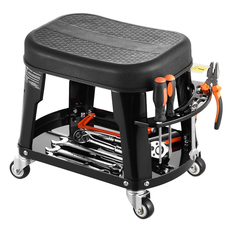 VEVOR mehāniķa krēsls, rullējošs darbnīcas krēsls, 136 kg kravnesība ar riteņiem un instrumentu paliktni