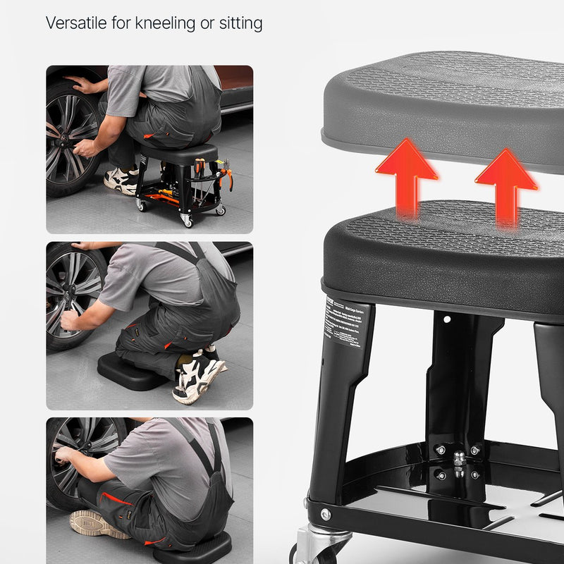VEVOR mehāniķa krēsls, rullējošs darbnīcas krēsls, 136 kg kravnesība ar riteņiem un instrumentu paliktni