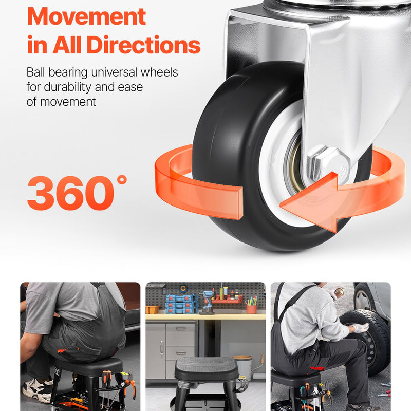 VEVOR mehāniķa krēsls, rullējošs darbnīcas krēsls, 136 kg kravnesība ar riteņiem un instrumentu paliktni
