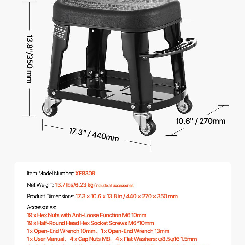 VEVOR mehāniķa krēsls, rullējošs darbnīcas krēsls, 136 kg kravnesība ar riteņiem un instrumentu paliktni
