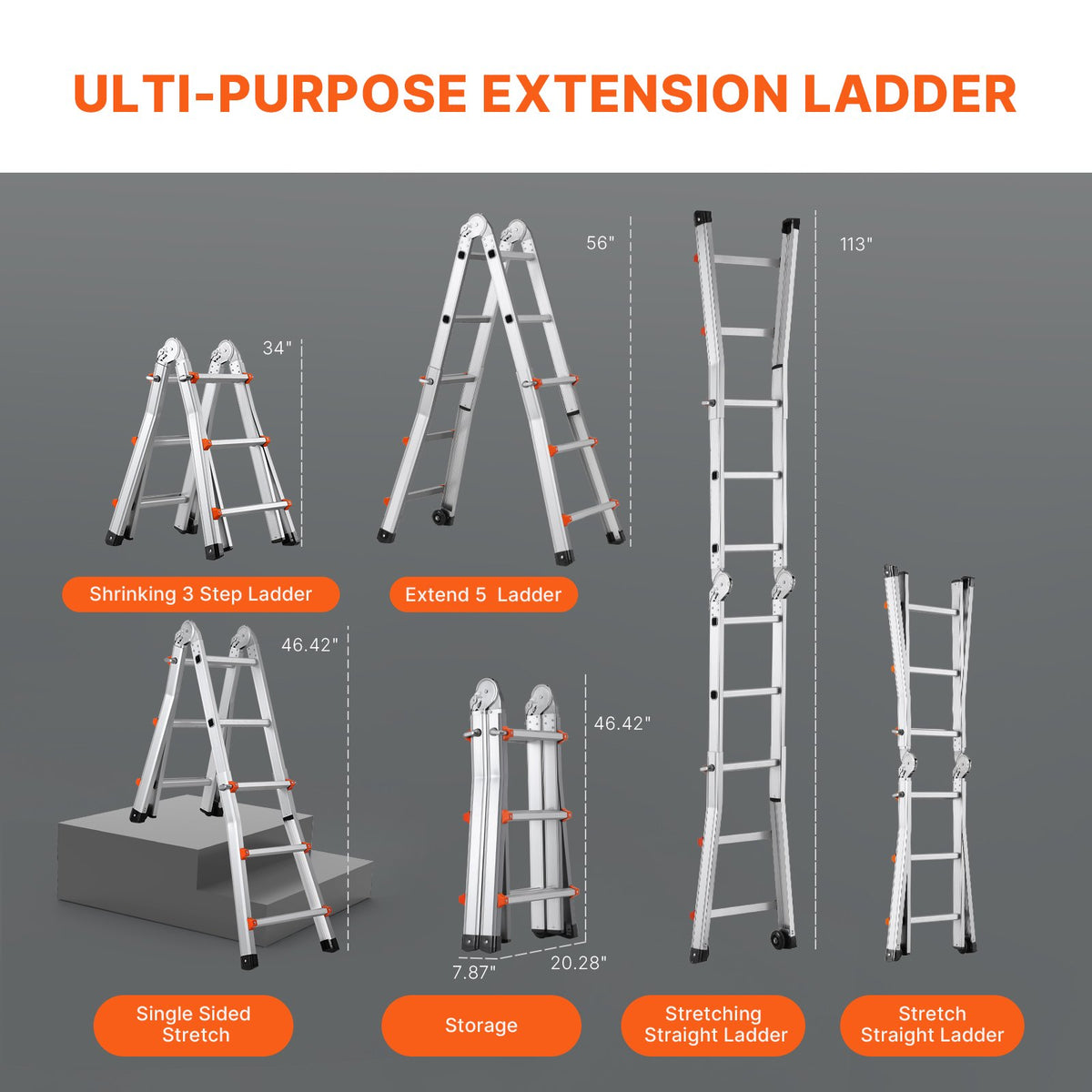 VEVOR Telescopic A-Frame Ladder, 2.9 m, Extendable, Multi-Purpose for Home Tasks, 150 kg Load Capacity