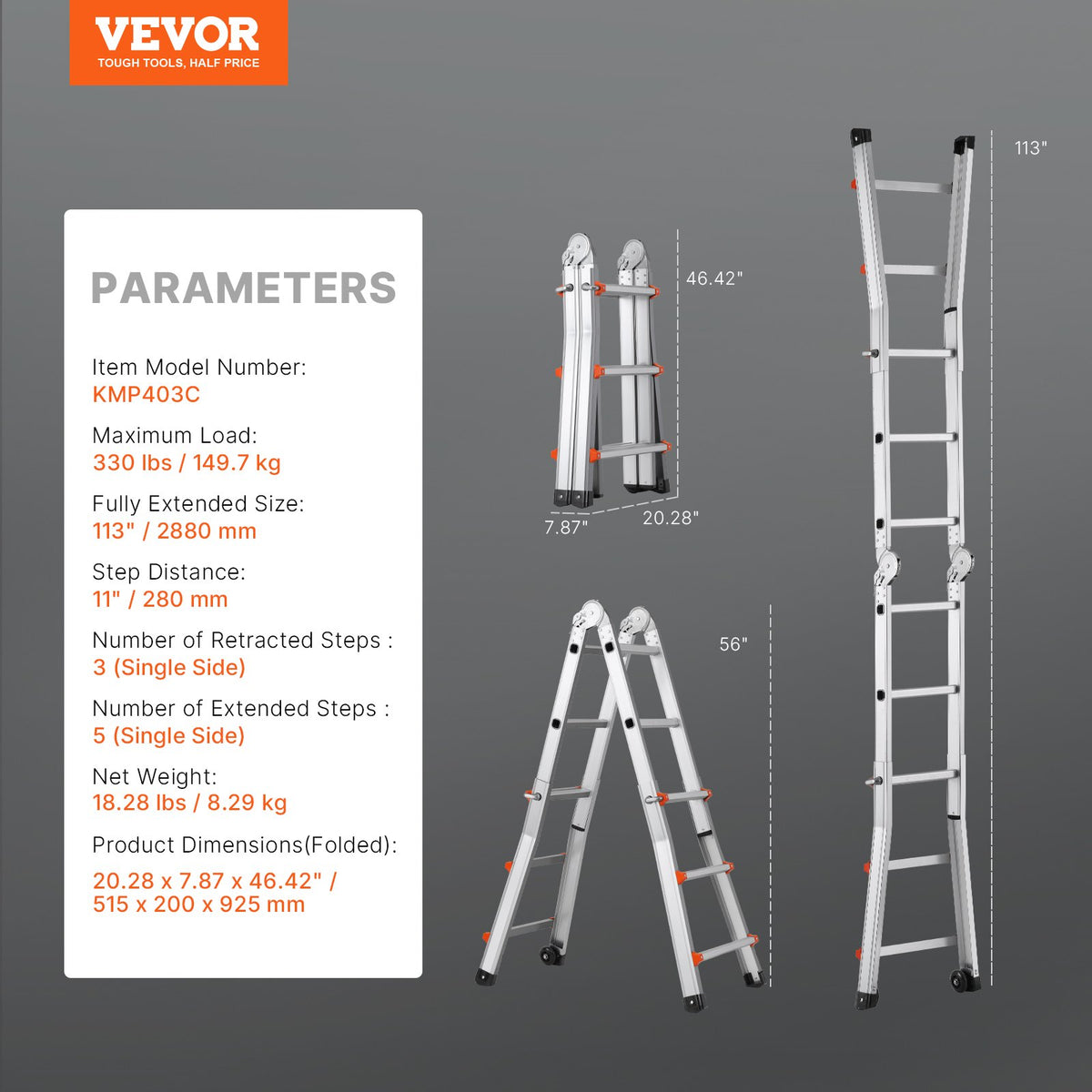 VEVOR Telescopic A-Frame Ladder, 2.9 m, Extendable, Multi-Purpose for Home Tasks, 150 kg Load Capacity