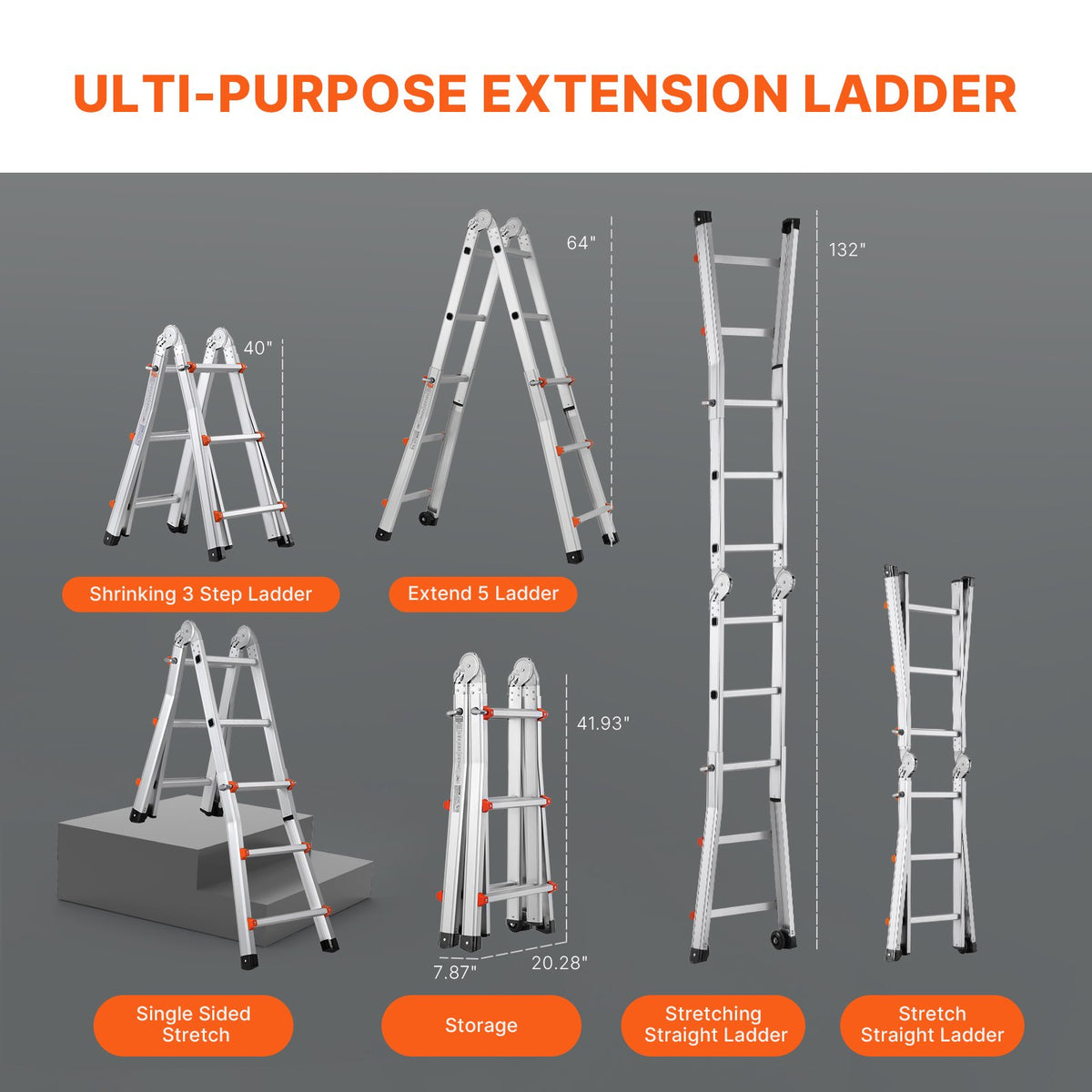 VEVOR Telescopic A-Frame Ladder, 3 m, Extendable, Multi-Purpose for Home Tasks, 150 kg Load Capacity