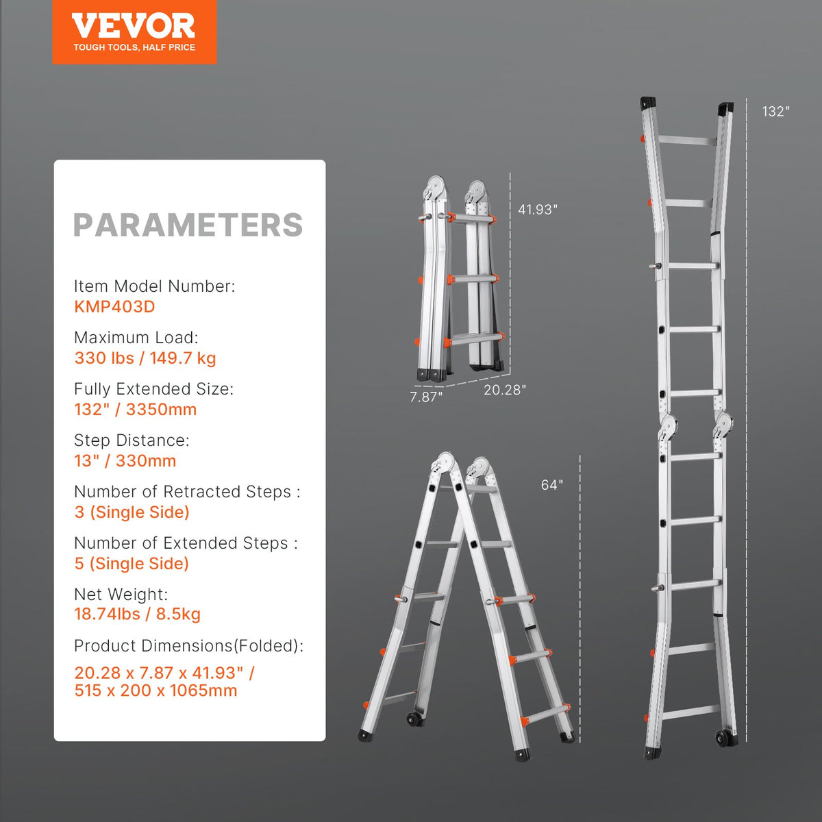 VEVOR Telescopic A-Frame Ladder, 3 m, Extendable, Multi-Purpose for Home Tasks, 150 kg Load Capacity