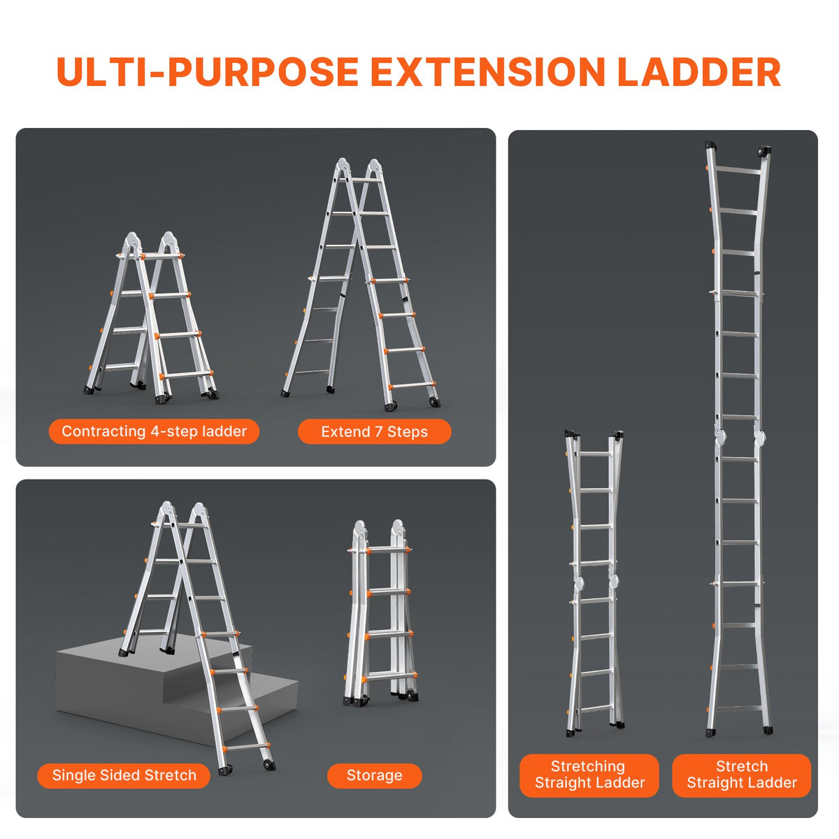 VEVOR Telescopic A-Frame Ladder, 4 m, Extendable, Multi-Purpose for Home Tasks, 150 kg Load Capacity