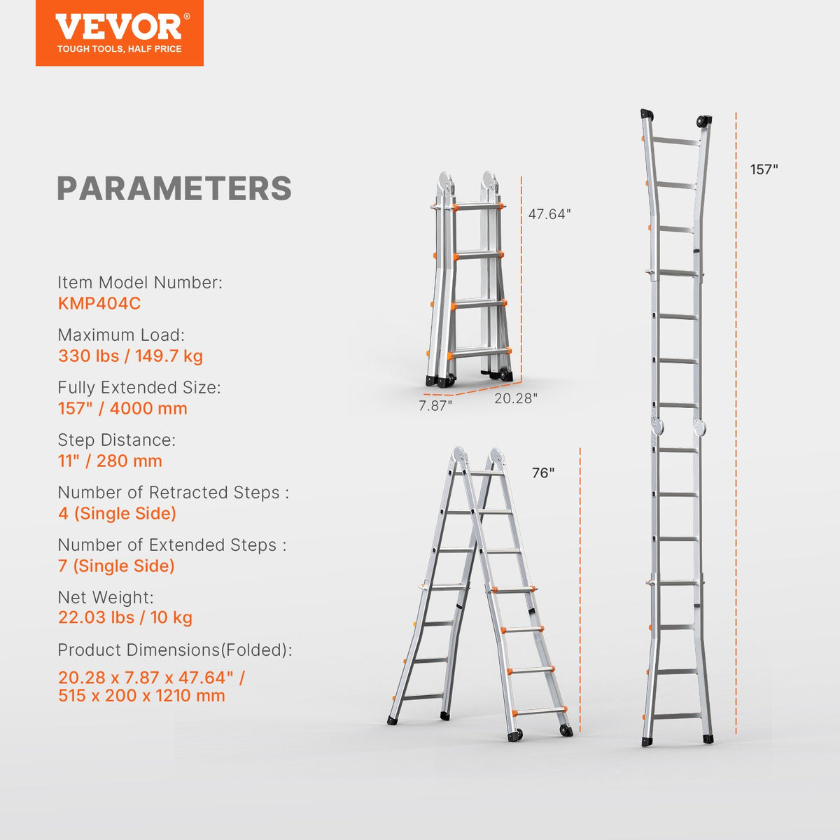 VEVOR Telescopic A-Frame Ladder, 4 m, Extendable, Multi-Purpose for Home Tasks, 150 kg Load Capacity