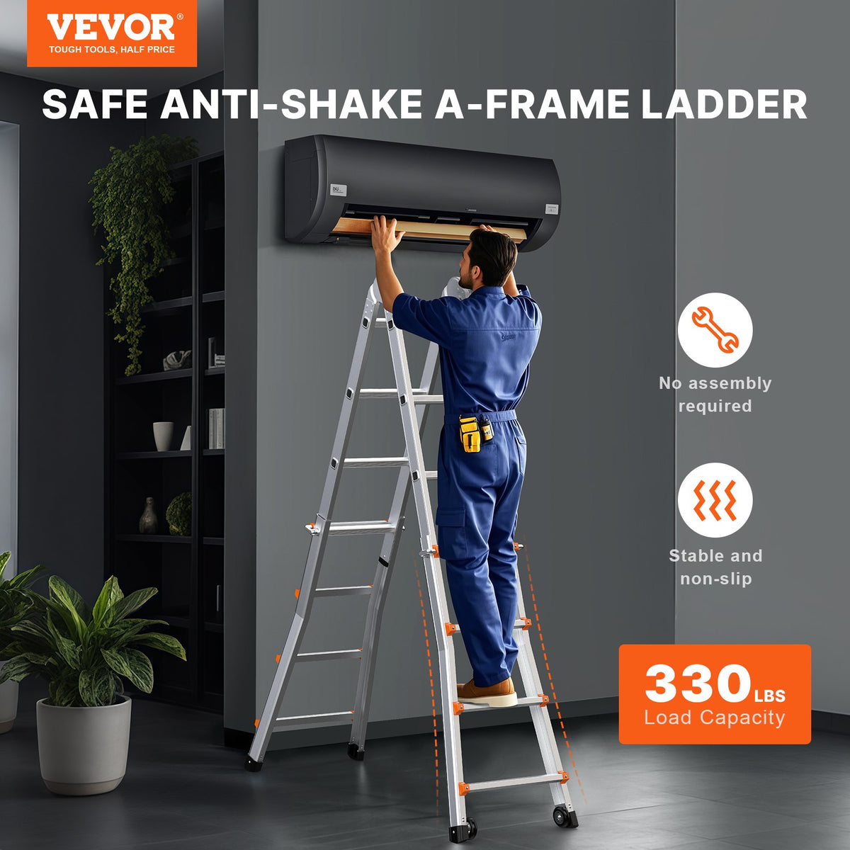VEVOR Telescopic A-Frame Ladder, 4.6 m, Extendable, Multi-Purpose for Home Tasks, 150 kg Load Capacity