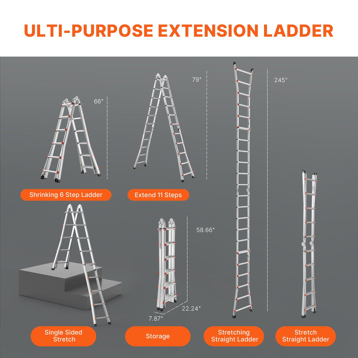 VEVOR Telescopic A-Frame Ladder, 6 m, Extendable, Multi-Purpose for Home Tasks, 150 kg Load Capacity
