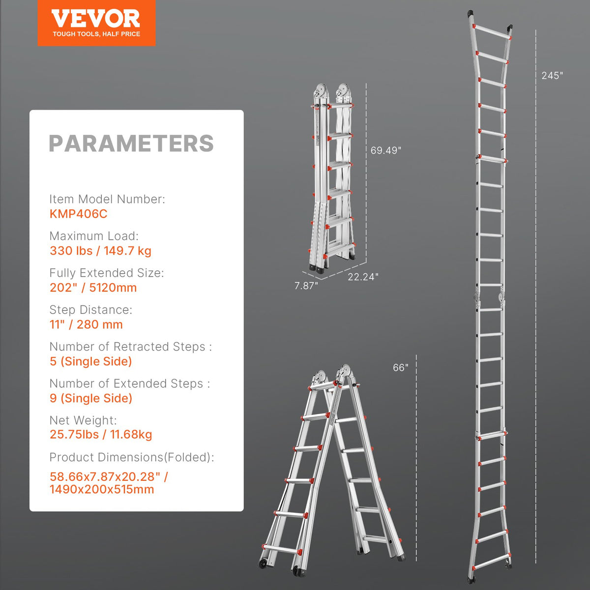 VEVOR Telescopic A-Frame Ladder, 6 m, Extendable, Multi-Purpose for Home Tasks, 150 kg Load Capacity