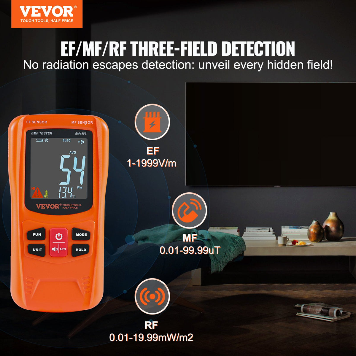 VEVOR Digital LCD 3-in-1 EMF Meter, Electromagnetic Radiation Detector RF 5G