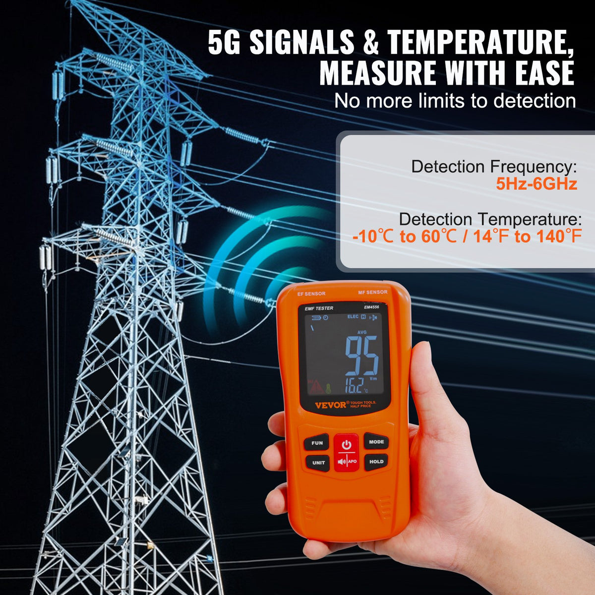 VEVOR Digital LCD 3-in-1 EMF Meter, Electromagnetic Radiation Detector RF 5G