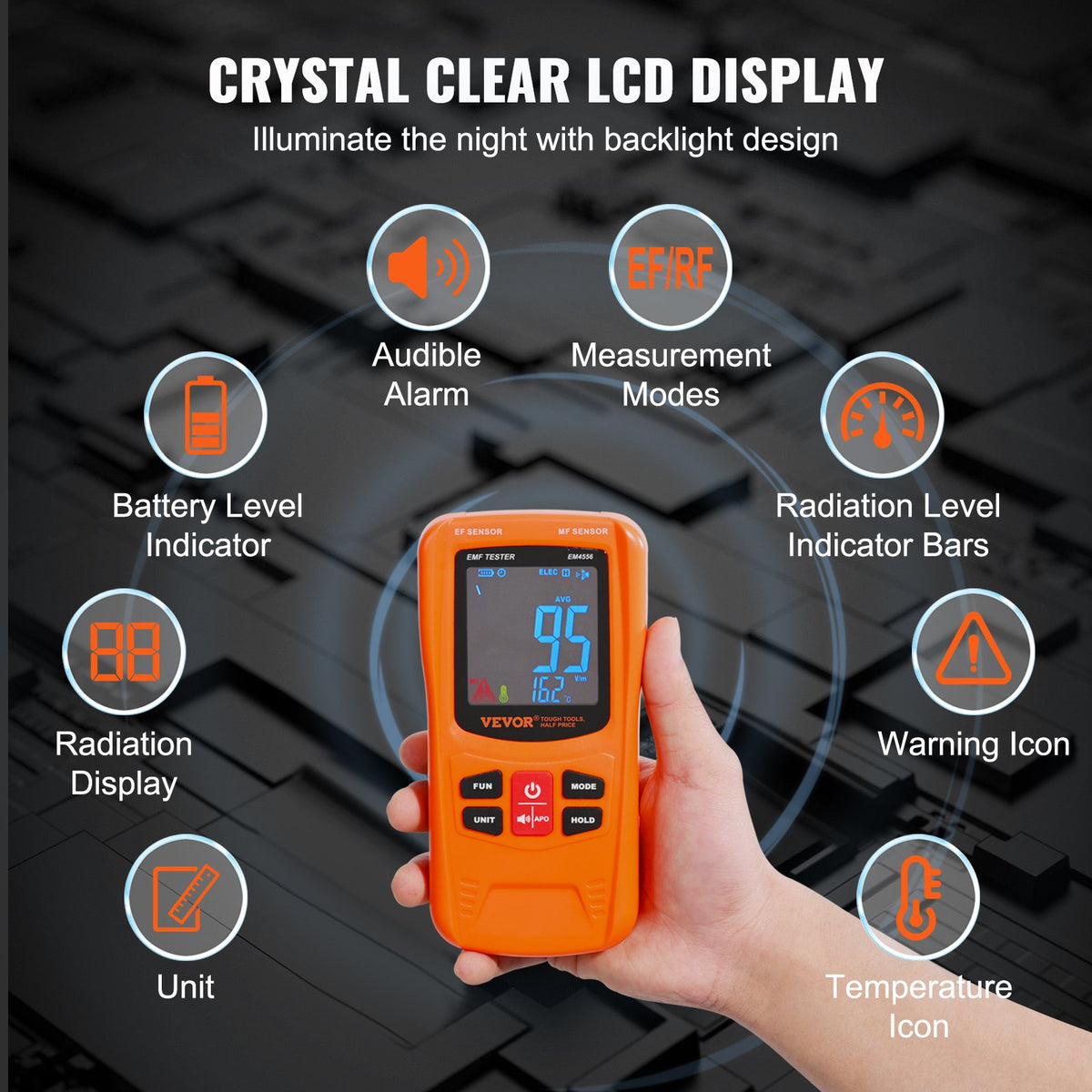 VEVOR Digital LCD 3-in-1 EMF Meter, Electromagnetic Radiation Detector RF 5G