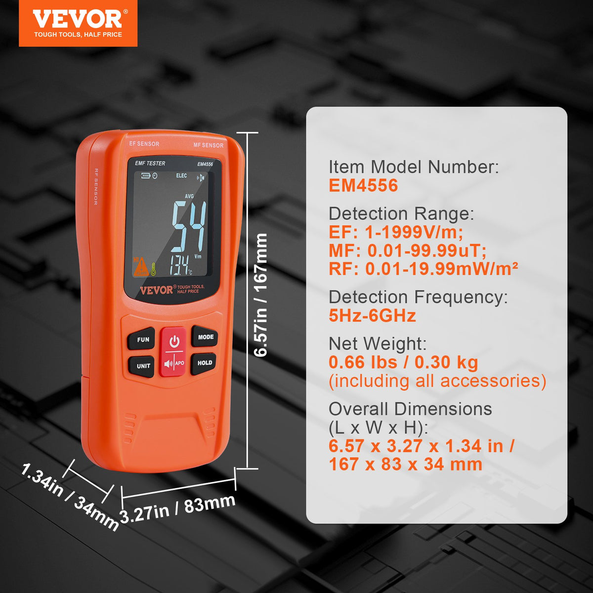 VEVOR Digital LCD 3-in-1 EMF Meter, Electromagnetic Radiation Detector RF 5G