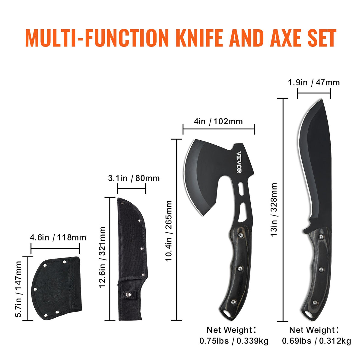 VEVOR Hunting Knife and Axe Set with Sheath, Fixed Blade Tactical Knife and Camping Axe, Stainless Steel Survival Gear for Outdoor Activities