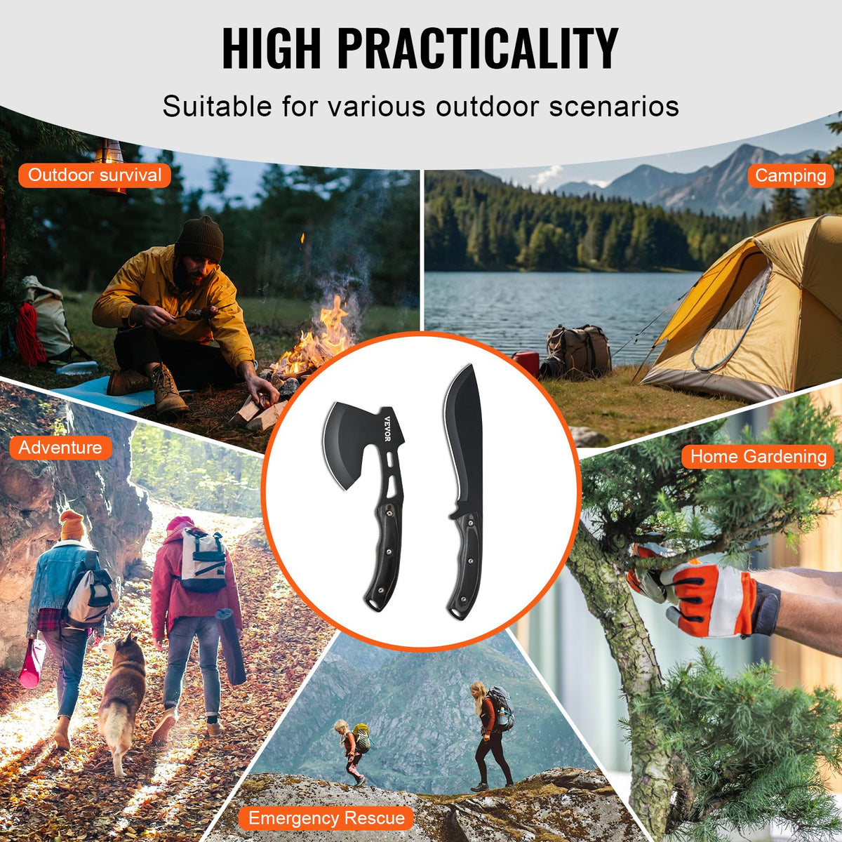 VEVOR Hunting Knife and Axe Set with Sheath, Fixed Blade Tactical Knife and Camping Axe, Stainless Steel Survival Gear for Outdoor Activities