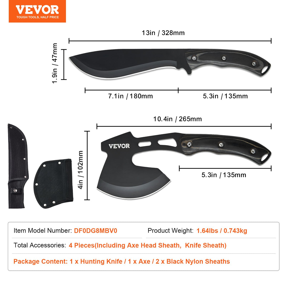 VEVOR Hunting Knife and Axe Set with Sheath, Fixed Blade Tactical Knife and Camping Axe, Stainless Steel Survival Gear for Outdoor Activities
