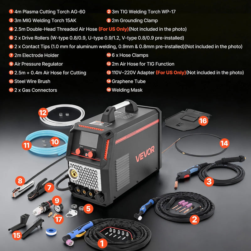 VEVOR 5-in-1 plazmas griezējs un metināšanas iekārta – CUT/TIG/Gāzes MIG/Flux MIG/MMA, 50 A bezkontakta plazmas griešanas iekārta un 200 A sinerģiskais metinātājs, 220 V alumīnija Pulse MIG metinātājs ar spolītes pistoles (Spool Gun) savietojamību