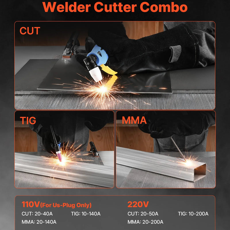 VEVOR 3-in-1 plazmas griezējs un metināšanas iekārta – CUT/TIG/MMA, 50 A plazmas griešanas iekārta un 200 A TIG/MMA metinātājs, LED digitālais displejs ar 2T/4T/PA/PT funkcijām, mājas remontam un darbnīcām, 220 V