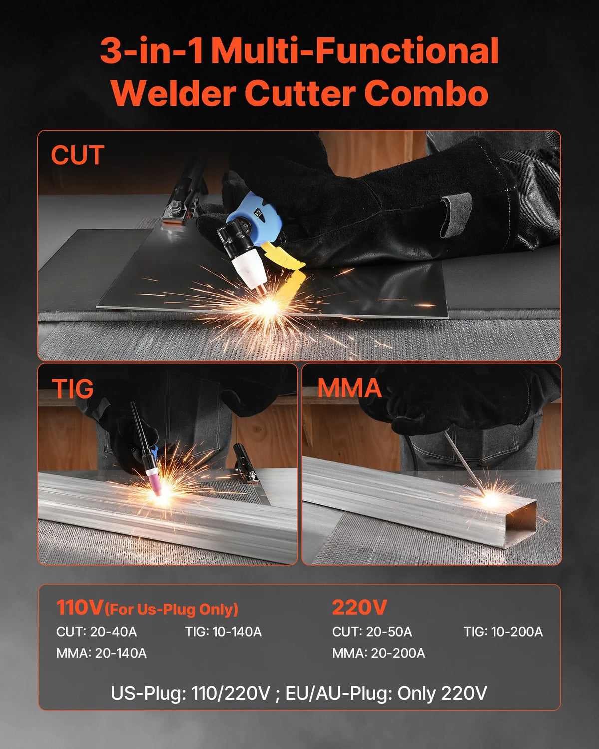 VEVOR 3-in-1 Plasma Cutter and Welding Machine – CUT 50 A, TIG and MMA 200 A, LED, 2T/4T, 220 V