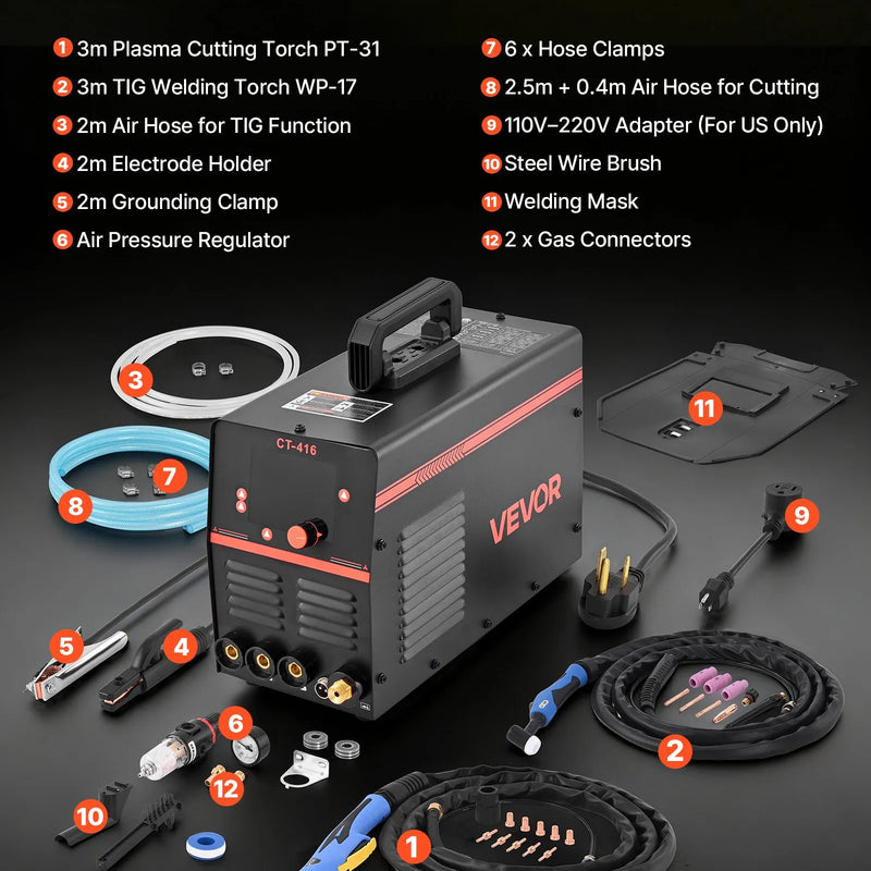 VEVOR 3-in-1 plazmas griezējs un metināšanas iekārta – CUT/TIG/MMA, 50 A plazmas griešanas iekārta un 200 A TIG/MMA metinātājs, LED digitālais displejs ar 2T/4T/PA/PT funkcijām, mājas remontam un darbnīcām, 220 V