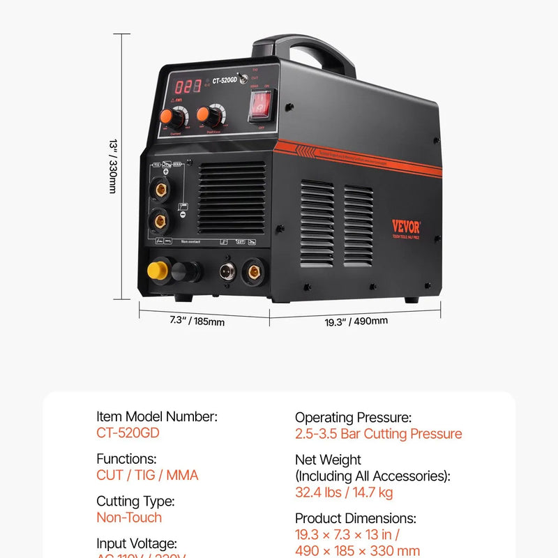 VEVOR 3-in-1 Plazmas griezējs un Metinātājs TIG/MMA, Kombinētais 110/220 V