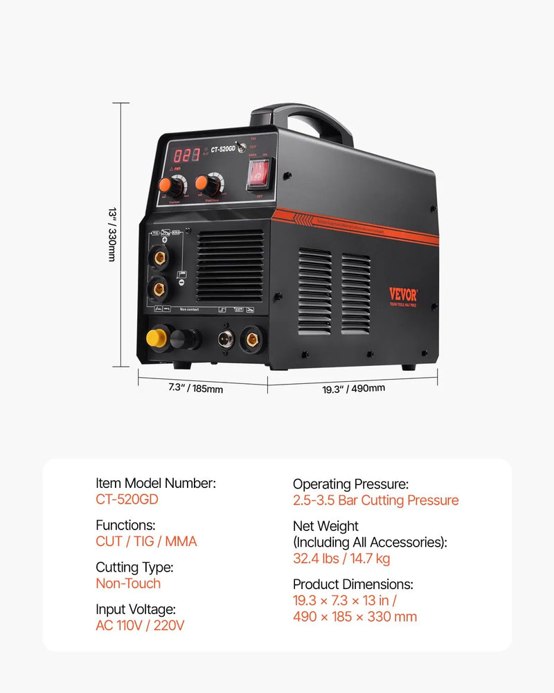 VEVOR 3-in-1 Plazmas griezējs un Metinātājs TIG/MMA, Kombinētais 110/220 V