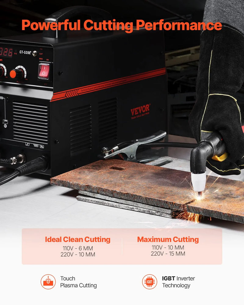 VEVOR 3-in-1 plazmas griezējs-metāla metinātājs CT-520E TIG/MMA plazmas griezējs, 110/220 V