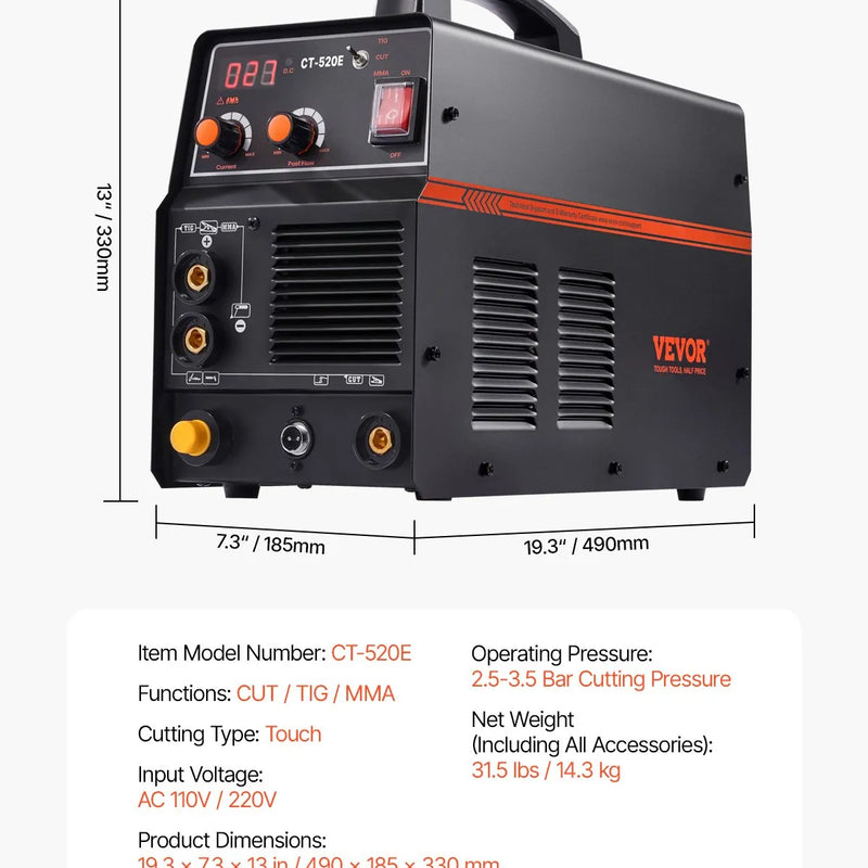 VEVOR 3-in-1 plazmas griezējs-metāla metinātājs CT-520E TIG/MMA plazmas griezējs, 110/220 V