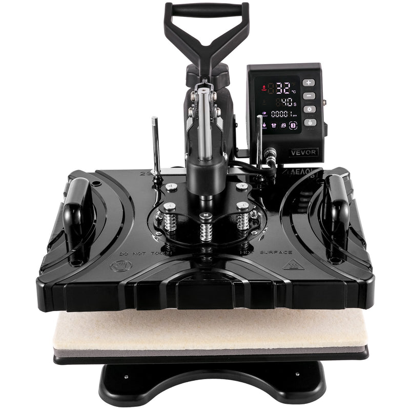 VEVOR termoprese 30×38 cm 6-in-1, 1000 W, melna, sublimācijas pārneses prese ar rotējošu mehānismu, T-krekliem, cepurēm, krūzēm, apaviem, precīza vadība, displejs DIY darbiem