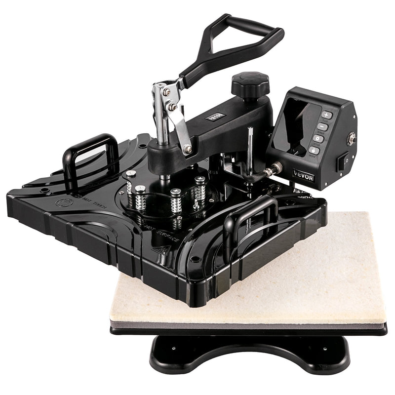 VEVOR termoprese 30×38 cm 6-in-1, 1000 W, melna, sublimācijas pārneses prese ar rotējošu mehānismu, T-krekliem, cepurēm, krūzēm, apaviem, precīza vadība, displejs DIY darbiem