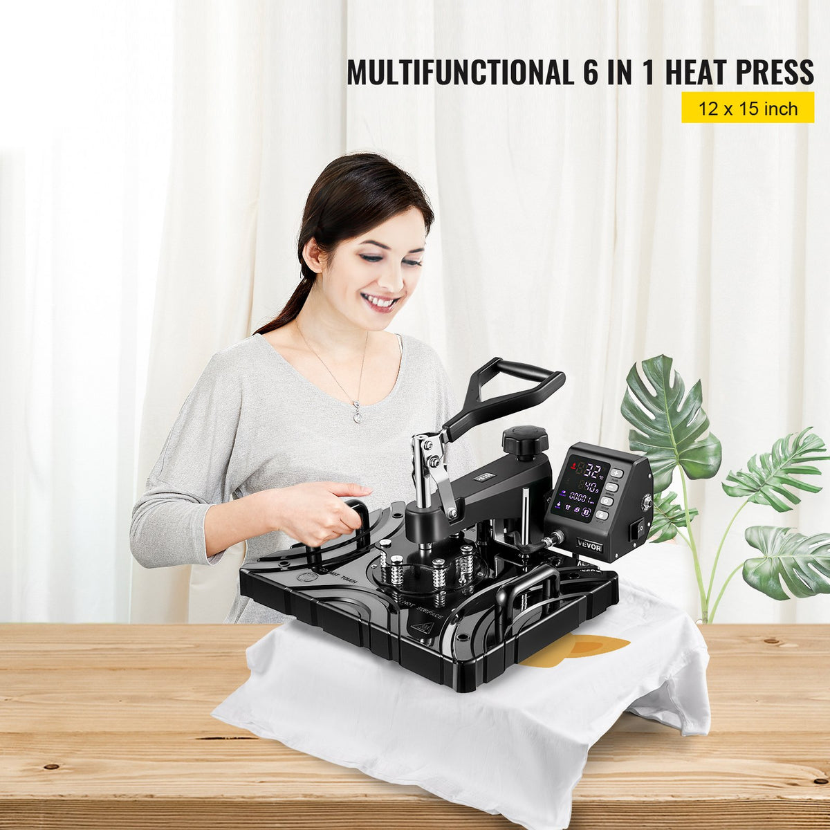VEVOR kuumpress 30 × 38 cm 6-in-1, 1000 W, 360° pööratav, ekraaniga, T-särkidele, mütsidele, kruusidele ja jalatsitele, must