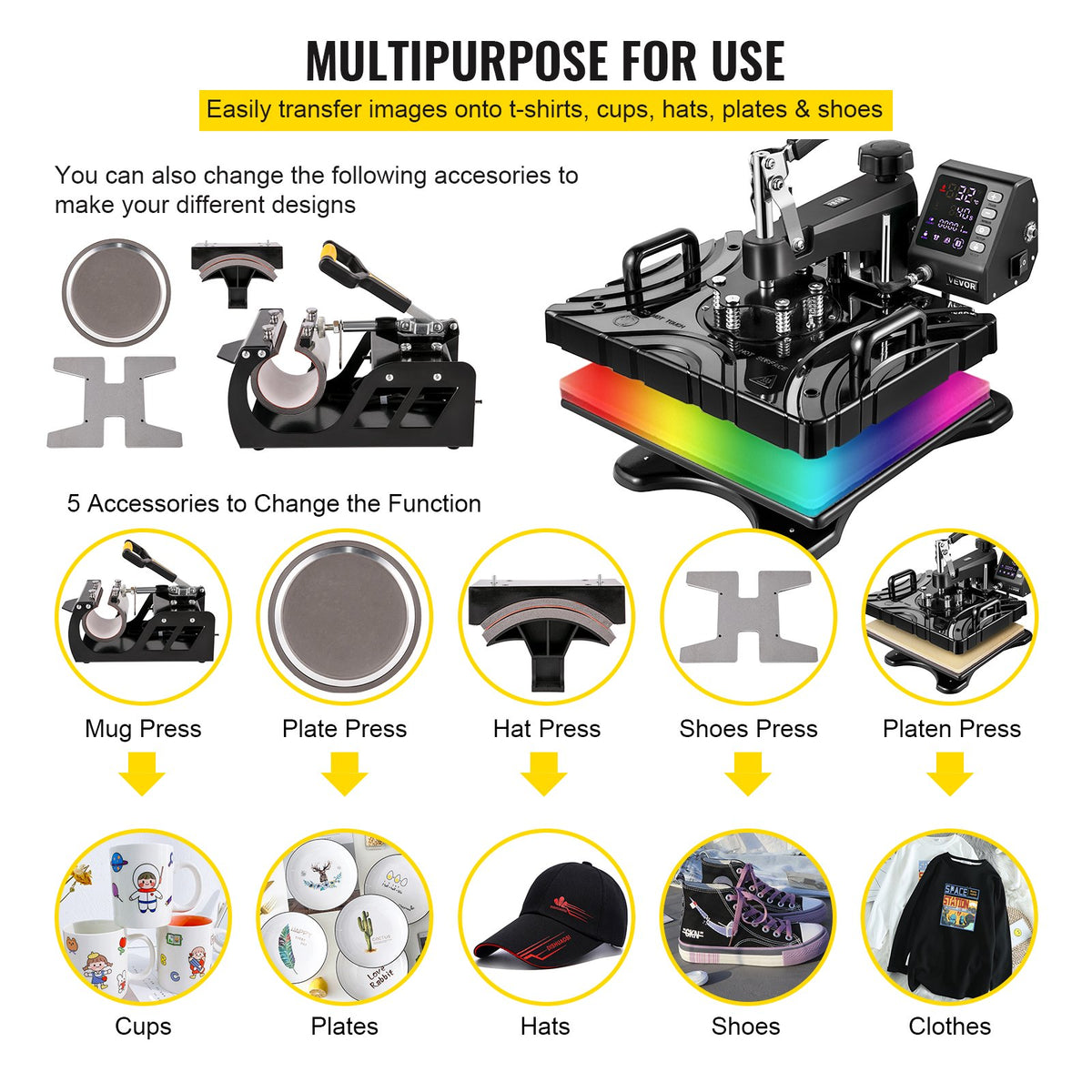 VEVOR kuumpress 30 × 38 cm 6-in-1, 1000 W, 360° pööratav, ekraaniga, T-särkidele, mütsidele, kruusidele ja jalatsitele, must