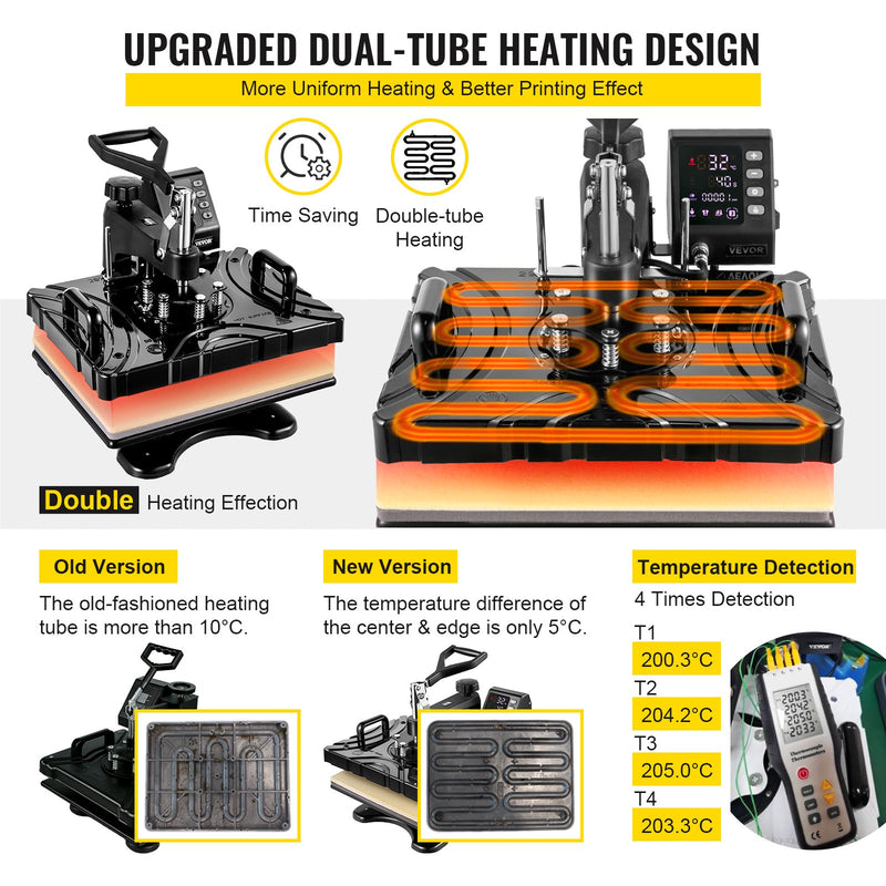 VEVOR termoprese 30×38 cm 6-in-1, 1000 W, melna, sublimācijas pārneses prese ar rotējošu mehānismu, T-krekliem, cepurēm, krūzēm, apaviem, precīza vadība, displejs DIY darbiem