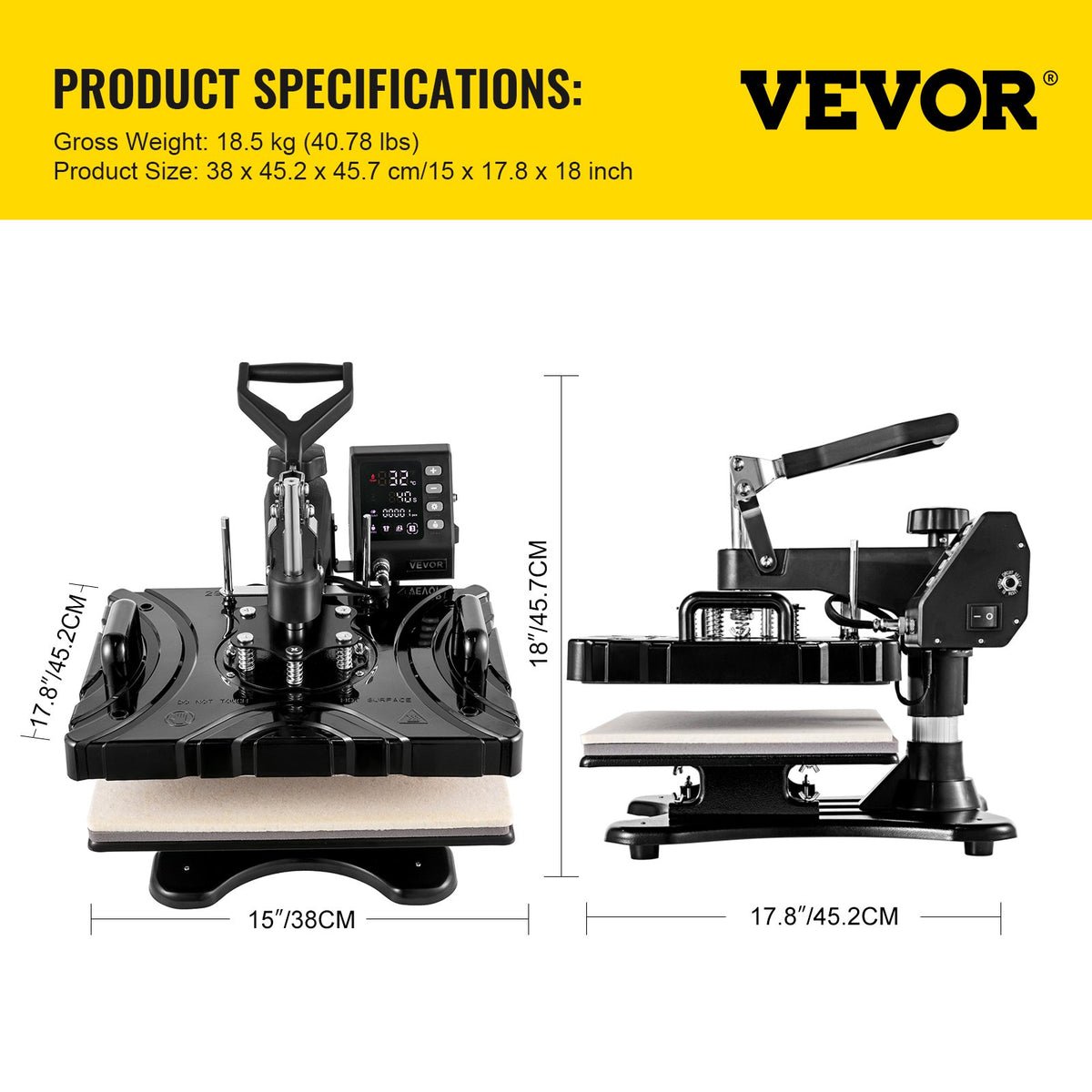 VEVOR kuumpress 30 × 38 cm 6-in-1, 1000 W, 360° pööratav, ekraaniga, T-särkidele, mütsidele, kruusidele ja jalatsitele, must